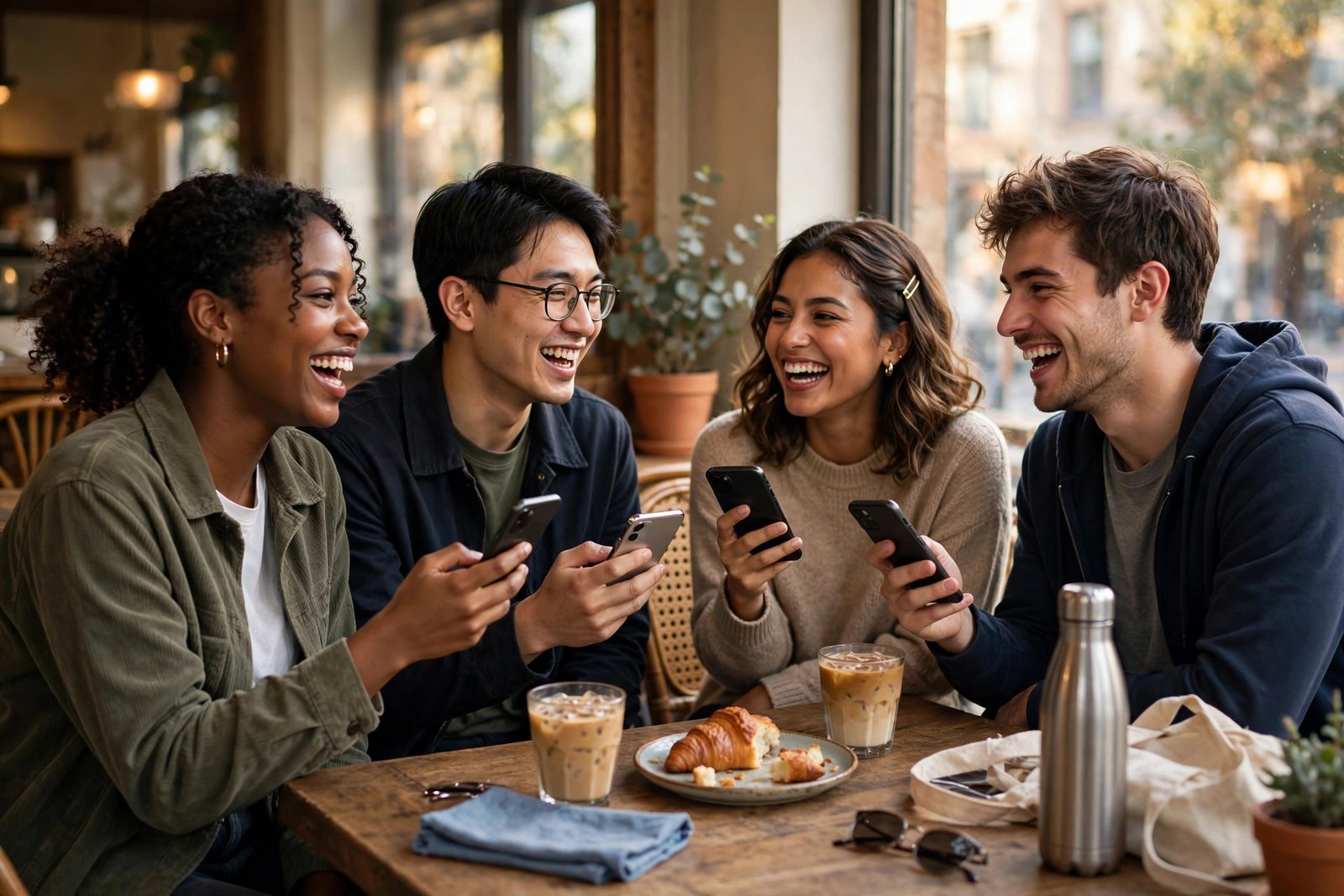 Group of young friends laughing and comparing Rice Purity Test scores on their phones at a cafe