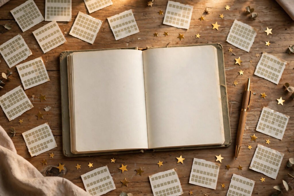 Open journal with pen, calendar pages and star stickers for tracking Rice Purity scores over the years