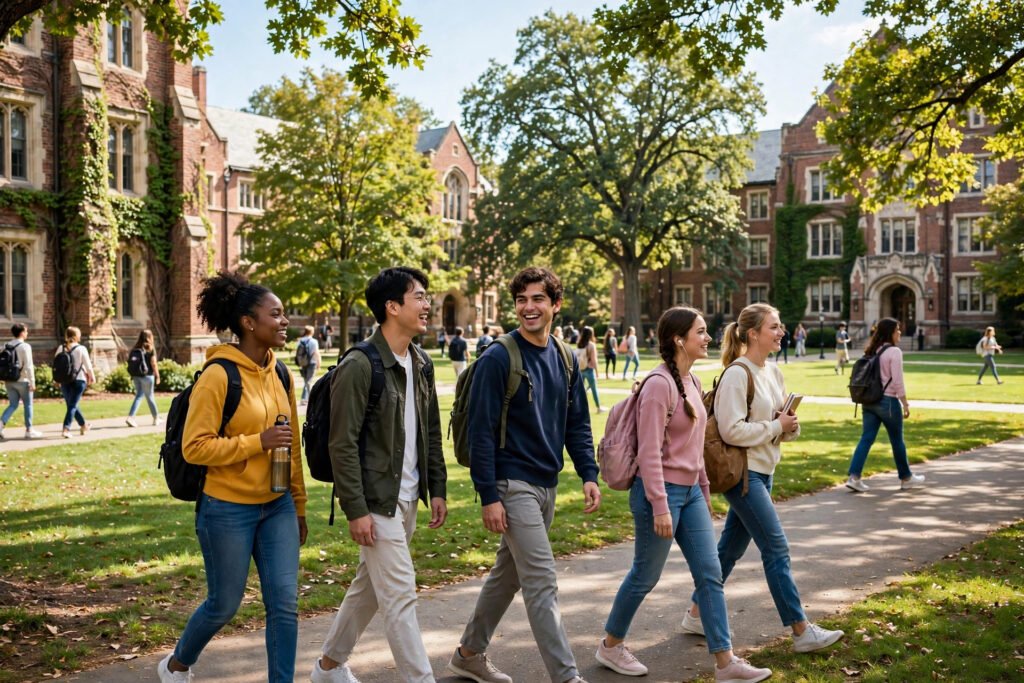 College students walking across a sunny university campus with backpacks, representing the freshman years when average Rice Purity scores drop
