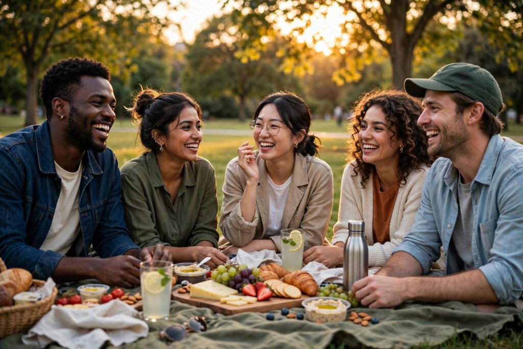 Young adults enjoying a golden-hour picnic in the park, showing how average Rice Purity scores drift down through the twenties