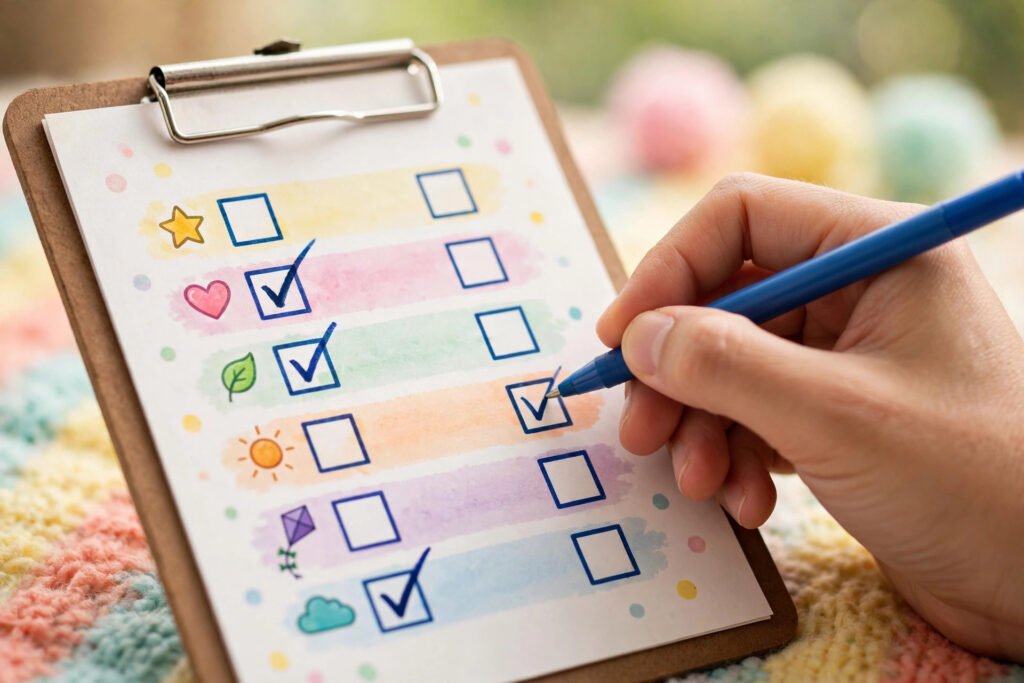 Hand checking boxes on a colorful quiz checklist with a pen, like the spin-off tests similar to the Rice Purity Test