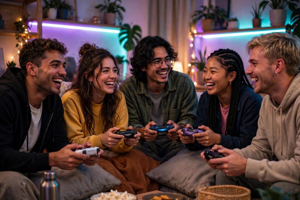 Young friends playing video games together in a cozy living room, enjoying a gamer-style purity quiz
