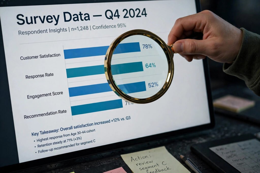 Magnifying glass over survey data bar charts on a computer screen