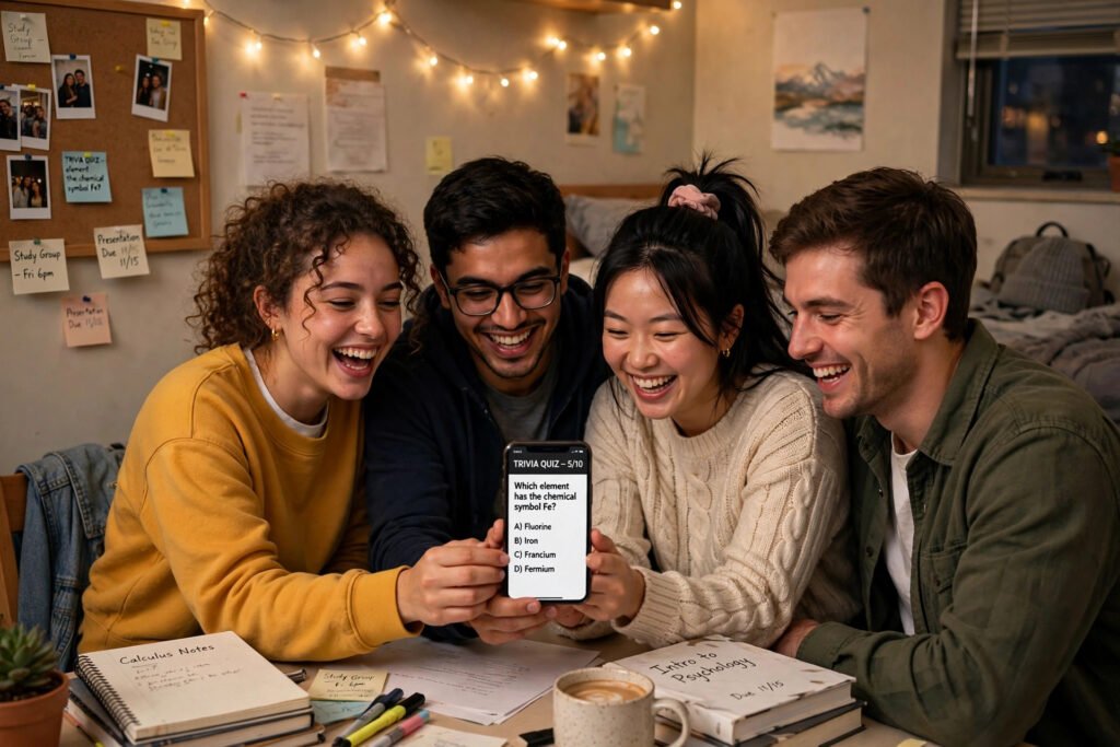 College friends laughing while taking a quiz on a phone in a dorm room