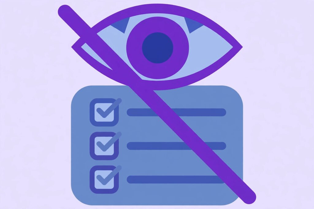 Eye with a slash over a quiz checklist, symbolizing no tracking
