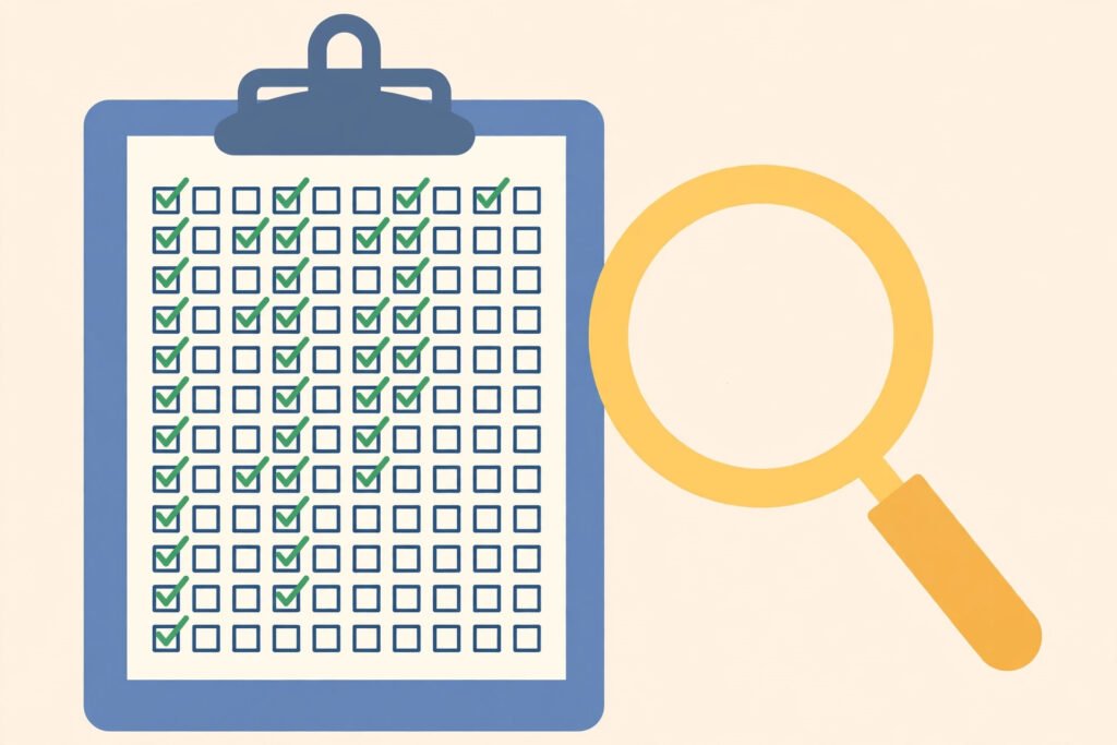 Illustration of a 100-question checklist quiz with a magnifying glass