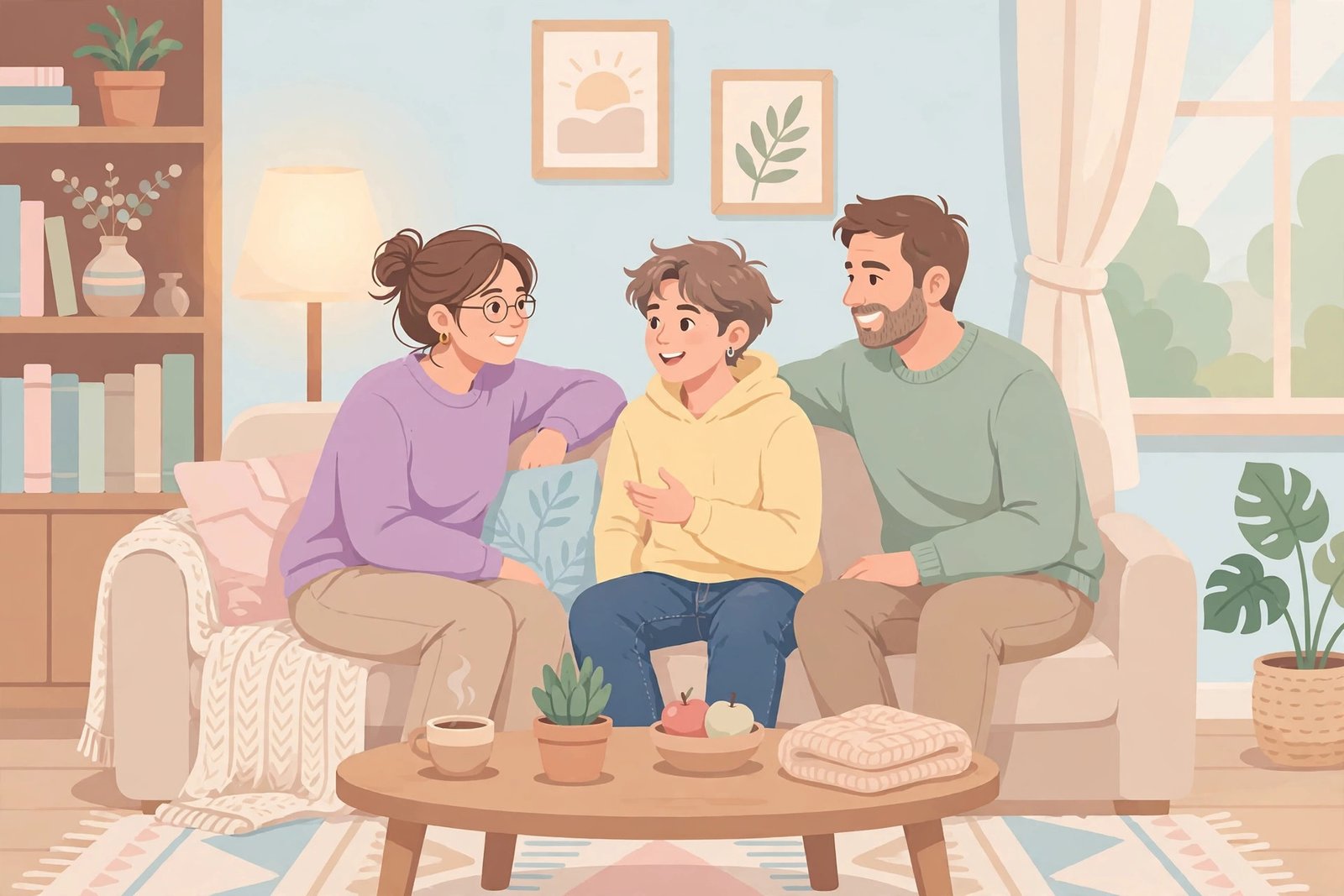Parent and teenager having a calm, friendly conversation on a couch