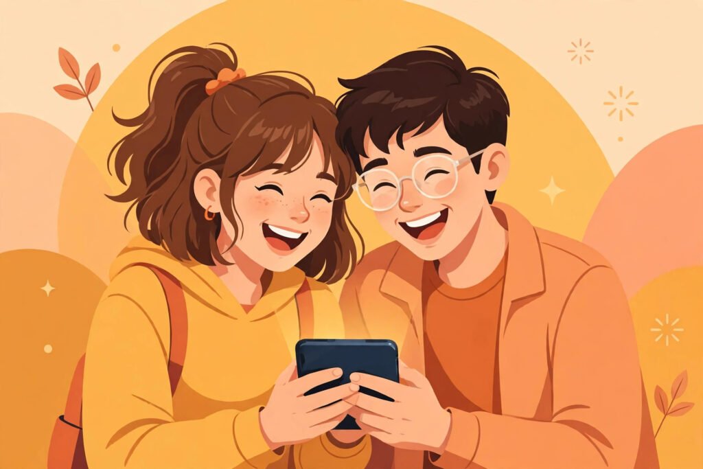 Two teenagers laughing together while looking at a smartphone