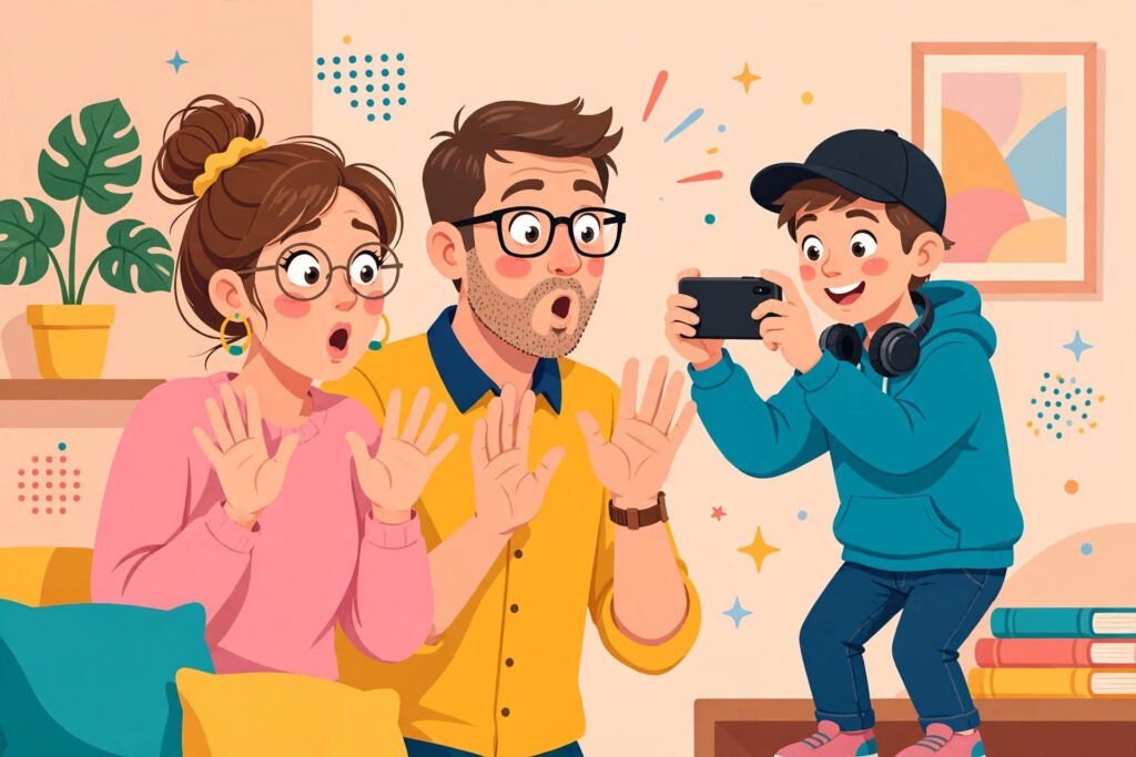 Parents reacting with surprise while their teenager films them for a viral challenge