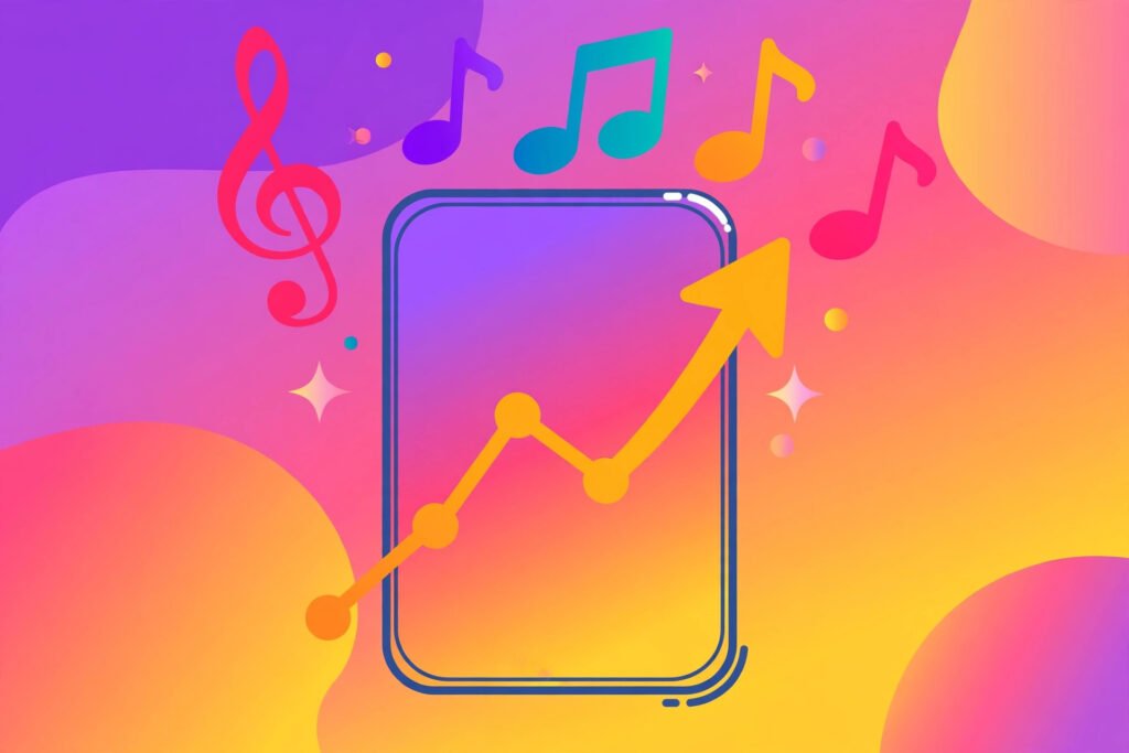 Musical notes and a rising trend chart over a phone screen