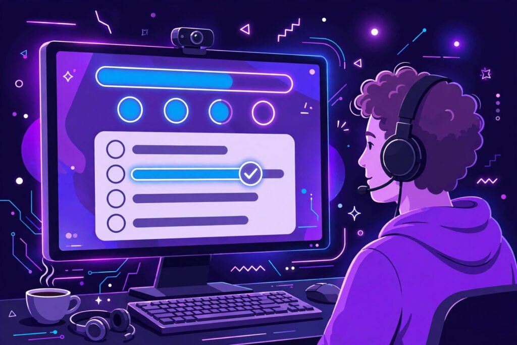 Streamer with headphones taking an online quiz live