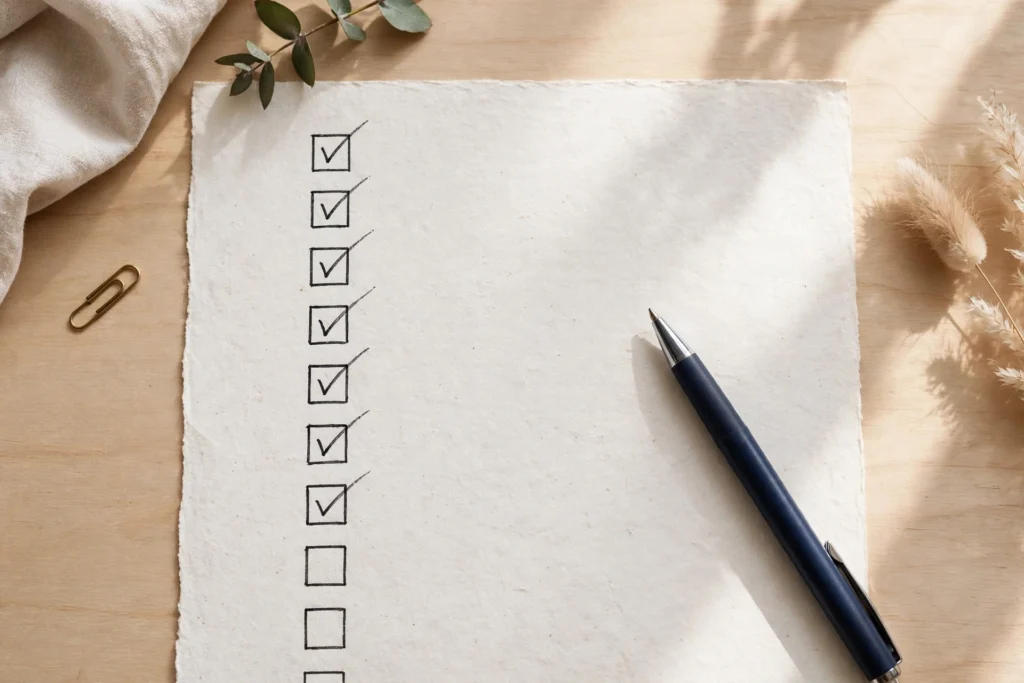 Illustration of what you need to calculate your Rice Purity Test score by hand — the question list, pen and paper